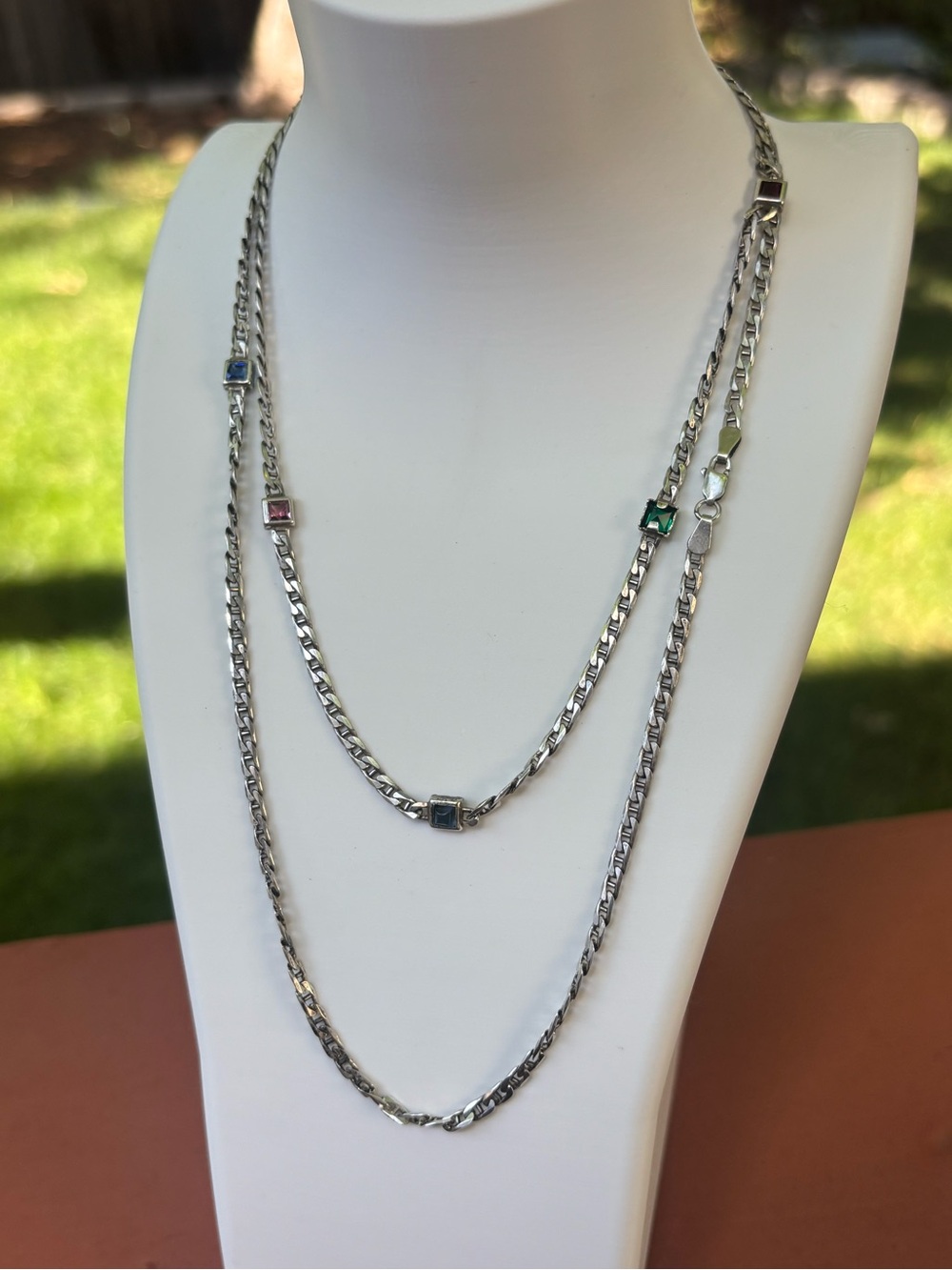 Vintage 925 Sterling Silver Station Necklace 32" Multi Gemstone Long Layered 13g
